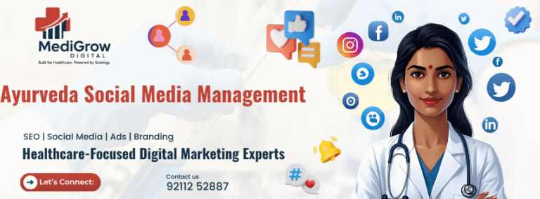 Banner showcasing Ayurveda social media management services by Medigrow Digital for brand growth and engagement
