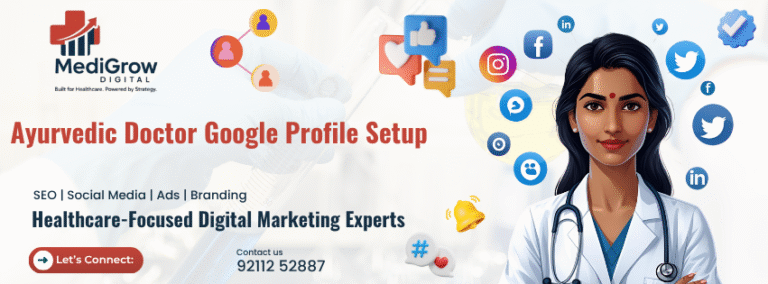 Banner showing Google Business Profile setup services for Ayurvedic doctors by Medigrow Digital